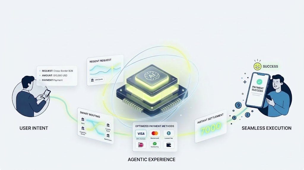 Illustration of user intent moving through smart routing, optimized payment methods, and seamless execution